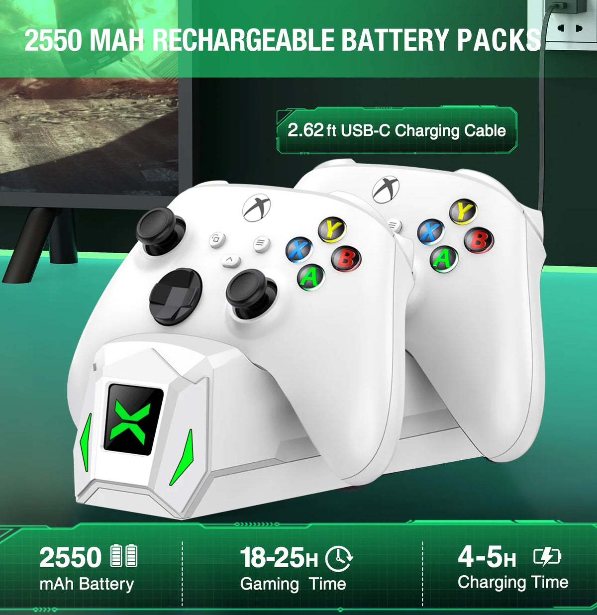 Xbox Controller Charger Station with 2 X5520Mwh Rechargeable Battery Pack for Xbox Series X|S, Xbox One, One S, One X & Elite Controllers